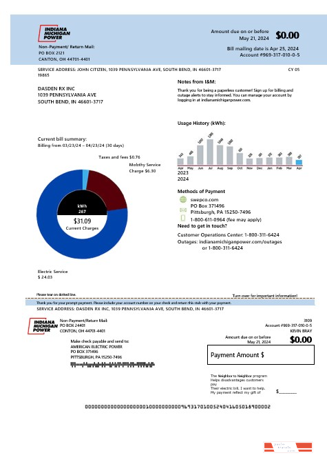 USA Indiana electricity business utility bill template in Word and PDF formats